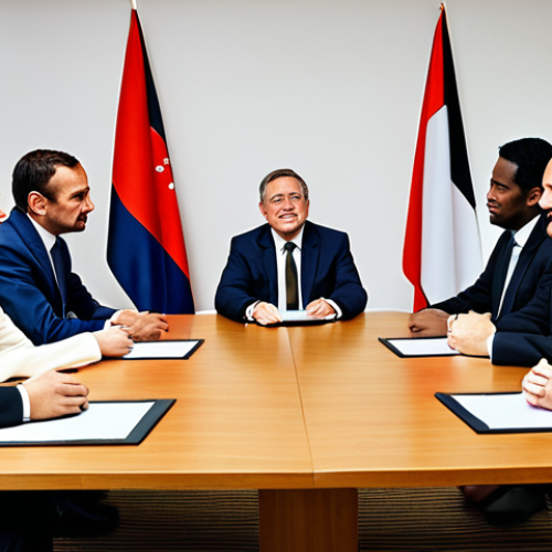Home 15 **Prompt:** A diverse group of international negotiators sitting around a table, discussing a trade agreement. The atmosphere is professional but also emphasizes building relationships and understanding cultural nuances. Include subtle visual cues representing different cultures (flags, traditional clothing elements tastefully incorporated). The overall tone should be collaborative and optimistic.