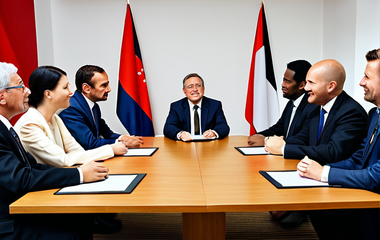 **Prompt:** A diverse group of international negotiators sitting around a table, discussing a trade agreement. The atmosphere is professional but also emphasizes building relationships and understanding cultural nuances. Include subtle visual cues representing different cultures (flags, traditional clothing elements tastefully incorporated). The overall tone should be collaborative and optimistic.