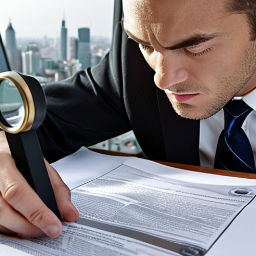 Home 14 **Image:** A business person carefully studying documents (contracts) with a magnifying glass, with a subtle background image hinting at a foreign cityscape (generic, not specifically identifiable). The overall tone is serious and focused on legal detail.