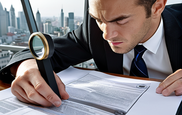 **Image:** A business person carefully studying documents (contracts) with a magnifying glass, with a subtle background image hinting at a foreign cityscape (generic, not specifically identifiable). The overall tone is serious and focused on legal detail.