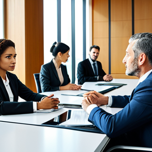 Home 7 A diverse group of professional individuals, including a man and a woman, seated at a sleek modern conference table, engaged in a high-stakes business negotiation. Their expressions are focused and determined, with a subtle hint of mutual understanding as they move towards a successful 'win-win' agreement. They are all fully clothed in modest, professional business suits and attire. The background is a brightly lit, contemporary office boardroom with large windows. Safe for work, appropriate content, family-friendly, perfect anatomy, correct proportions, natural pose, well-formed hands, proper finger count, natural body proportions, high-quality professional photography, crisp details.