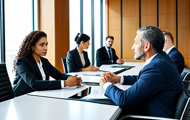 A diverse group of professional individuals, including a man and a woman, seated at a sleek modern conference table, engaged in a high-stakes business negotiation. Their expressions are focused and determined, with a subtle hint of mutual understanding as they move towards a successful 'win-win' agreement. They are all fully clothed in modest, professional business suits and attire. The background is a brightly lit, contemporary office boardroom with large windows. Safe for work, appropriate content, family-friendly, perfect anatomy, correct proportions, natural pose, well-formed hands, proper finger count, natural body proportions, high-quality professional photography, crisp details.