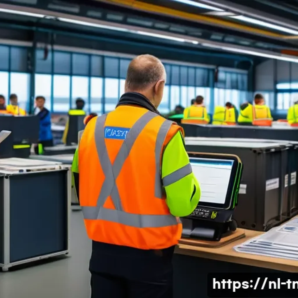 무역협상가를 위한 최신 무역 규제 정보 - A modern European customs office scene at a busy port in Rotterdam, showing customs officers inspect...