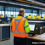 무역협상가를 위한 최신 무역 규제 정보 - A modern European customs office scene at a busy port in Rotterdam, showing customs officers inspect...