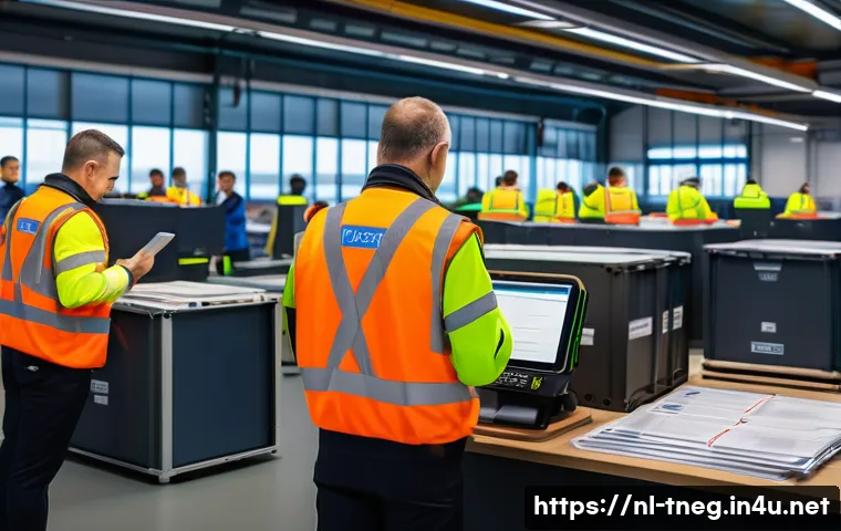 무역협상가를 위한 최신 무역 규제 정보 - A modern European customs office scene at a busy port in Rotterdam, showing customs officers inspect...