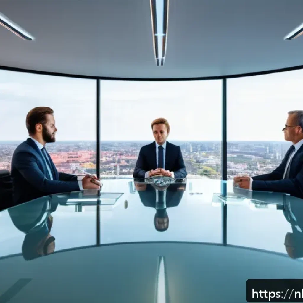 무역협상과 디지털 기술 활용 사례 - A modern negotiation room with a diverse group of professional business negotiators around a sleek g...