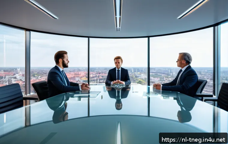 무역협상과 디지털 기술 활용 사례 - A modern negotiation room with a diverse group of professional business negotiators around a sleek g...