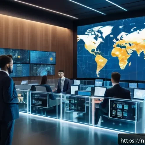 무역협상가가 주목해야 할 국제 경제 이슈 - A futuristic international trade scene featuring diverse businesspeople in formal attire exchanging ...