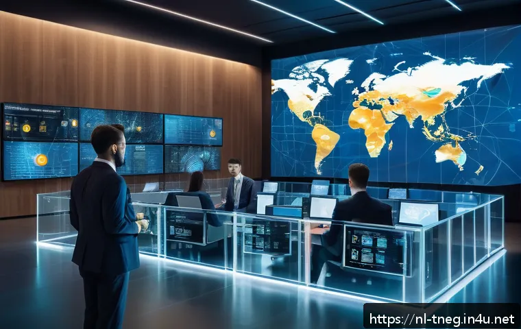무역협상가가 주목해야 할 국제 경제 이슈 - A futuristic international trade scene featuring diverse businesspeople in formal attire exchanging ...
