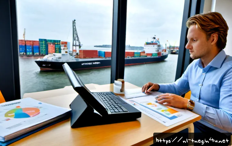 Home 17 무역협상가를 위한 효율적인 정보 수집 방법 - Photorealistic Dutch trade negotiator in a modern Rotterdam office, calmly reviewing printed market ...